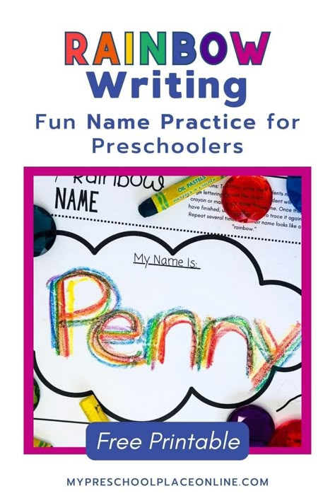 Make name writing fun with our Rainbow Writing Practice activity! Using our free worksheet and crayons, preschoolers can practice writing their name while creating a colorful masterpiece. This easy and low-prep activity is perfect for building fine motor and pre-writing skills. Download the free printable and start the rainbow writing adventure today. Rainbow Activities Kindergarten, Writing Names Activities For Preschool, Rainbow Worksheet Preschool, Name Writing Practice Preschool, Rainbow Writing Activities, Name Writing Practice Preschool Editable Free, Name Writing Practice Preschool Editable, Rainbow Writing Kindergarten, Rainbow Name Writing Preschool