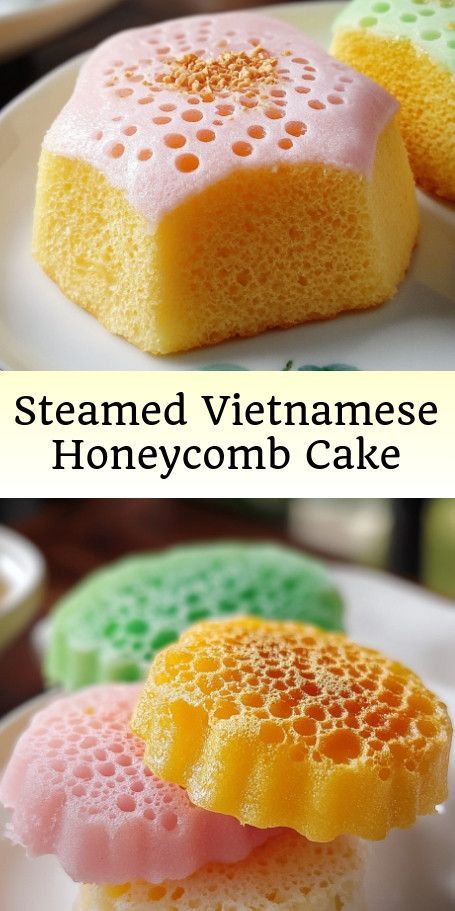 "Honeycomb Heaven: Enjoy the Delightful Bánh Bò Hấp Indulge in the unique texture and subtle sweetness of Bánh Bò Hấp, a Vietnamese steamed cake made with rice flour and coconut milk. This popular Asian dessert is a must-try for anyone craving a taste of Vietnam. #HoneycombCake #VietnameseDesserts #AsianSweets #DeliciousTreats #CulturalCuisine #CoconutFlavors #PandanExtract #EasyRecipes" Steam Cake Recipe, Vietnamese Desserts, Asian Dessert Recipes, Steamed Rice Cake, Honeycomb Cake, Vietnamese Dessert, Asian Dessert, Steamed Cake, Culinary Art