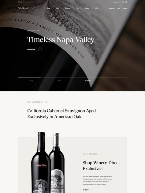 For over 40 years, Silver Oak has produced delicious, distinctive and food-friendly Cabernet Sauvignon wines from our Napa Valley and Alexander Valley wineries. Wine Websites, Wine Branding Design, Wine Website, Hanging Wine Glass Rack, Ui Design Principles, Web Design Examples, Wine Bottle Design, Landing Page Design Inspiration, Silver Oak