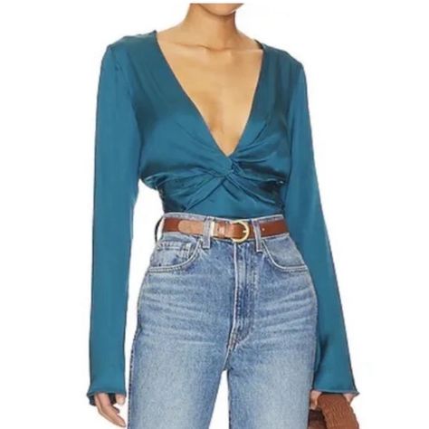 NWT Size Medium Free People Miraya Front Twist Satin Crop Top Corsair Teal Blue Satin Crop Top, Teal Blue Color, Blue Long Sleeve Tops, Free People Blouse, Top Outfit, Satin Top, Flowy Tops, Boho Look, Boho Blouses