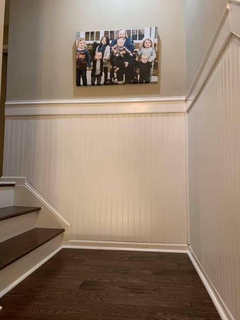 Home renovation Beadboard Up Stairway, Bead Bored Walls, Beadboard Stairwell, Old Farmhouse Remodel, Stair Moulding, Redo Stairs, Basement Stairwell, Stairs Renovation, Hallway Designs