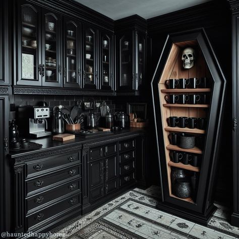 All Posts • Instagram Goth Cabinets, Gothic House Kitchen, Goth Camper Interior, Country Gothic Aesthetic House, Dark Home Ideas, Goth Coffee Shop, Gothic Shelving, Gothic Home Ideas, Black Gothic House