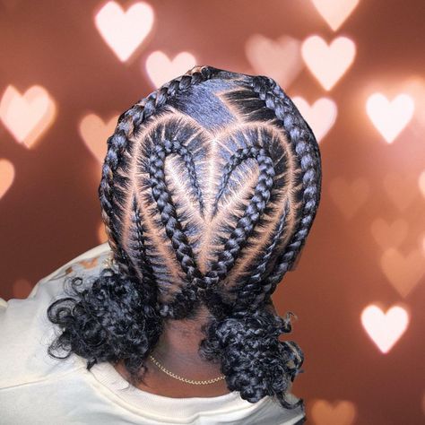 Two Downside Bun Lemonade Braids with Hearts Up In One Cornrow Braids, Lemonade Braids With Heart, Bday Hairstyles, Braids With Heart, Two Cornrows, Heart Braids, Straight Back Braids, Ghana Braids Hairstyles, Sweet Hairstyles