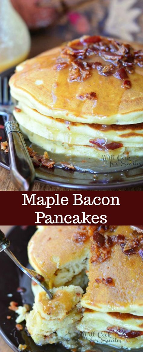 Maple Bacon Pancakes is a perfect breakfast for every bacon lover. Fluffy buttermilk bacon pancakes made with pure maple syrup and crispy bacon inside and out. #pancakes #bacon #baconpancakes #Buttermilkpancakes #maplebacon #syrup #breakfast Pancakes With Syrup Inside, Maple Pancakes Recipe, Bacon Flavors, Maple Bacon Recipes, Maple Syrup Pancakes, Easy Homemade Pancake Recipe, Maple Bacon Pancakes, Dutch Breakfast, Waffle Ideas