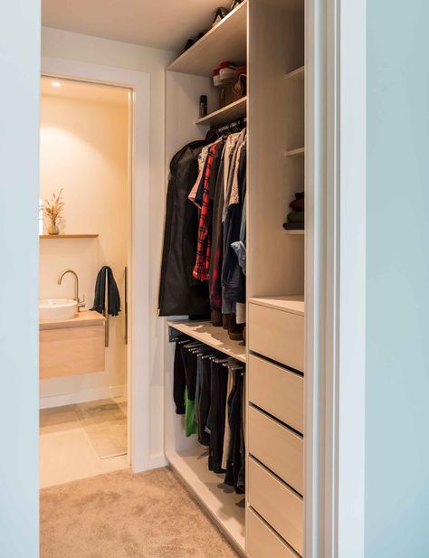 3 ways to design an ensuite you can actually afford Walk Through Closet Into Bathroom, Dressing Room Into Bathroom, Walk In Closet Ensuite, Walk Through Closet To Ensuite, Walk Through Closets To Bathroom, Dressing Room And Ensuite, Dressing Room Through To Ensuite, Master Ensuite And Walk In Closet, Shower Dressing Room Combo