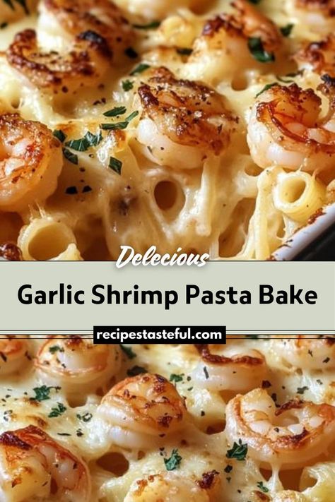 A creamy and cheesy pasta bake featuring tender shrimp, cooked pasta, and a flavorful garlic sauce, baked to bubbly perfection. Creamy Shrimp Mozzarella Pasta, Bowtie Pasta And Shrimp Recipes, Magic Shrimp Bake, Garlic Shrimp Pasta Bake, Creamy Pasta With Shrimp Recipes, Recipes For Shrimp And Pasta, Seafood And Pasta Recipes, Shrimp Pasta Bake Recipes, Baked Seafood Pasta