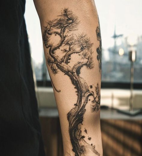 Bonsai Tattoo, Tatuaje Studio Ghibli, Bonsai Tree Tattoos, Pine Tattoo, Tree Tattoo Arm, Tree Tattoo Men, 12 Tattoos, Korean Tattoos, Men Tattoos Arm Sleeve