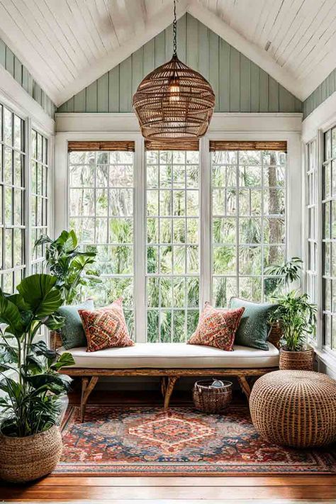 boho sunroom idea with contrasting orange and green color scheme Sunroom Furniture Ideas Farmhouse, Turning A Deck Into A Sunroom, Boho Sunroom Ideas Vintage, Narrow Sunroom Decorating Ideas, Octagon Sunroom, Boho Sunroom Decorating Ideas, Cottage Sunroom Ideas, Vintage Sunroom Ideas, Earthy Sunroom