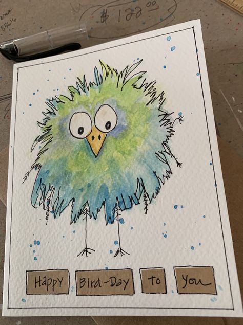 Watercolor Birthday Card Man, Watercolor And Pen Art, Funny Watercolor, Happy Bird Day, Watercolor And Pen, Watercolor Birthday Cards, Happy Painting, Watercolor Birthday, Bday Cards