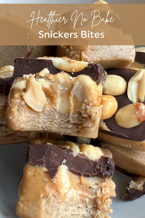 Snickers Bites Healthy, Snacks For Cravings, Healthy Vegan Snickers Bars, No Sugar Energy Dessert, Sweet Treats To Take To Work, Homemade Healthy Snickers, Low Calorie Snickers, Oat Bites No Bake, Snickers Protein Bites