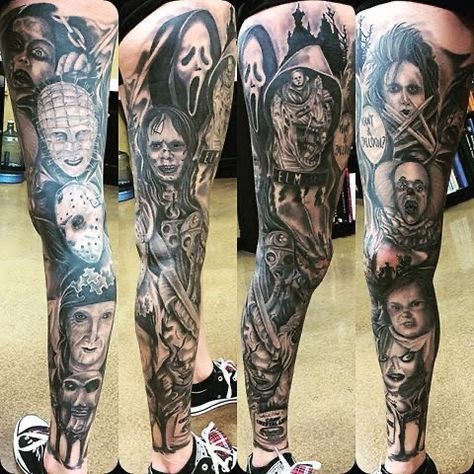 Movie Character Tattoos, Horror Sleeve, Sick Tattoos, Halloween Tattoos Sleeve, Horror Tattoos, Horror Movie Tattoos, Club Tattoo, Movie Tattoo, Movie Tattoos