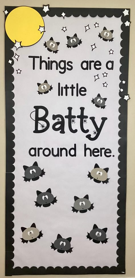 Things are a little Batty around here!  This ready to hang Halloween decor is constructed from top quality card-stock and can be used for both classroom bulletin boards as well as classroom door decor. What's included: * Phrase as shown:  "Things are a little Batty around here." * 7 bats measuring approximately 6" each * 5 bats measuring approximately 4" each * 1 full moon approximately 11.5" * 21 silver glitter stars BACKGROUND PAPER AND BORDER ARE NOT INCLUDED WITH THIS SET. Please reach out if there are any changes that you would like to have made.