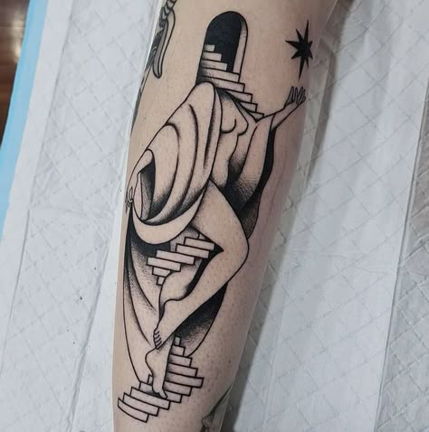 Erte Tattoo, Black And Grey Stained Glass Tattoo, Cubism Tattoo, Stained Glass Back Tattoo, Spiral Staircase Tattoo, Fine Line Black And Grey Tattoo, Chalice Tattoo, Stain Glass Tattoo, Doorway Tattoo