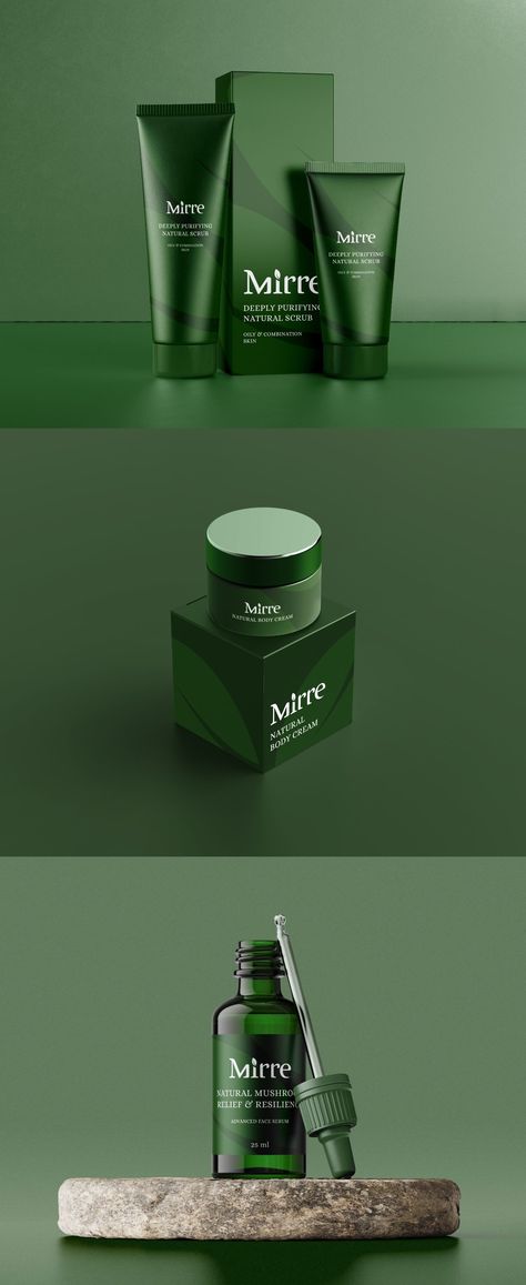 Mirre Brand Packaging Designed by Muzaget Brands - World Brand Design Society Green Skincare Packaging Design, Mens Cosmetics Packaging, Green Cosmetics Packaging, Skin Product Packaging, Cosmetic Product Packaging, Skin Care Product Packaging Design, Skin Care Post Ideas, Green Skincare Packaging, Natural Cosmetic Packaging Design