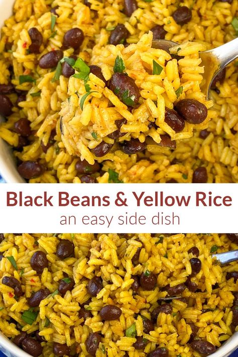 Collage of seasoned yellow rice and black beans with text Yellow Rice Black Beans, Cilantro Rice And Beans, Spanish Rice With Black Beans, Rice And Beans Side Dish, Chicken Yellow Rice Black Beans, Yellow Rice Seasoning Recipe, Yellow Rice Dishes, Authentic Rice And Beans, Black Beans And Yellow Rice Recipes