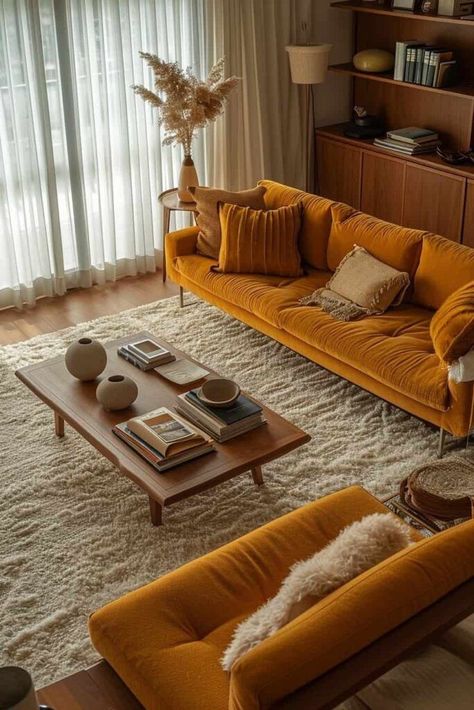 Comfy Rugs In Living Room, Comfy Living Room Ideas, 70s Inspired Living Room, French Cottage Living Room, 70s Living Room, 70s Interior Design, 70s Interior, Retro Interior Design, Room Green