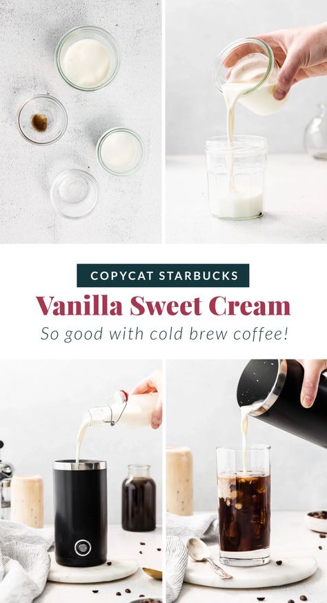 Sweet Cream Cold Foam Recipe, Cream Cold Foam Recipe, Starbucks Sweet Cream, Vanilla Sweet Cream Cold Brew, Cold Foam Recipe, Vanilla Sweet Cream Cold Foam, Sweet Coffee Drinks, Sweet Cream Cold Brew, Homemade Cold Brew Coffee