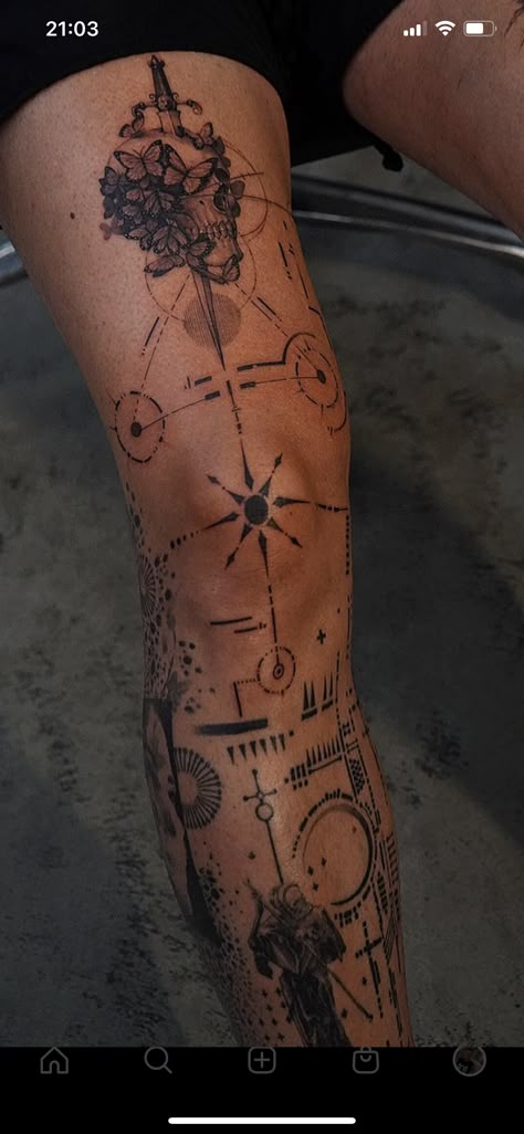 Geometric Fine Line Tattoo, Calf Sleeve Tattoo, Geometric Tattoo Leg, Simple Leg Tattoos, Geometric Tattoo Sleeve Designs, Amazing 3d Tattoos, Mangas Tattoo, Geometric Line Tattoo, Unique Tattoos For Men