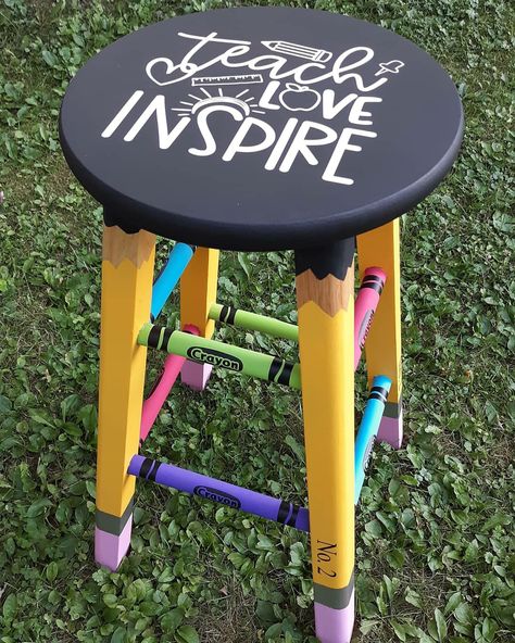 Diy Teacher Stool, Teacher Chair Ideas, Teacher Stools Painted Diy, Painted Teacher Stool, Teacher Stool, Teacher Stools, Teacher Chair, Teacher Chairs, Painting Teacher