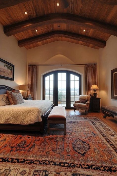 Spanish Style Master Bed, Modern Tuscan Bedroom, Spanish Style Bedroom Master Suite, Hacienda Style Homes Interiors, Hacienda Style Bedroom, Master Bedrooms Decor Modern, Spanish Style Bedroom, High Ceiling Bedroom, Spanish Bedroom