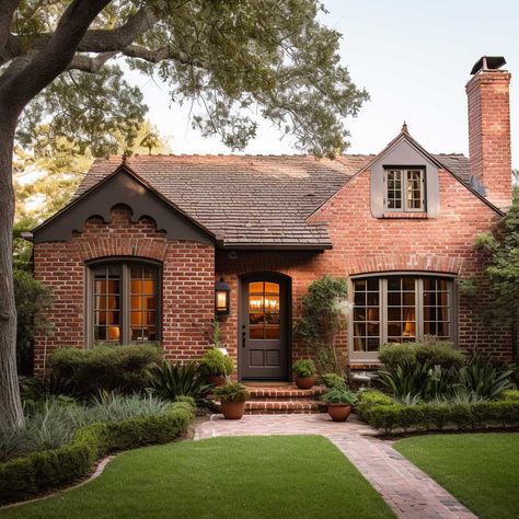 7+ Bold Exterior Brick Paint Color Ideas for Your Home • 333+ Art Images Red Brick Grey Trim, Best Brick Colors Exterior, Black Trim Brick House, Dark Trim On Red Brick House, Tan And Green Exterior House, Brick House With Arched Windows, House Exterior Makeover On A Budget, Modern Face Brick House Exterior, Georgian Cottage Exterior