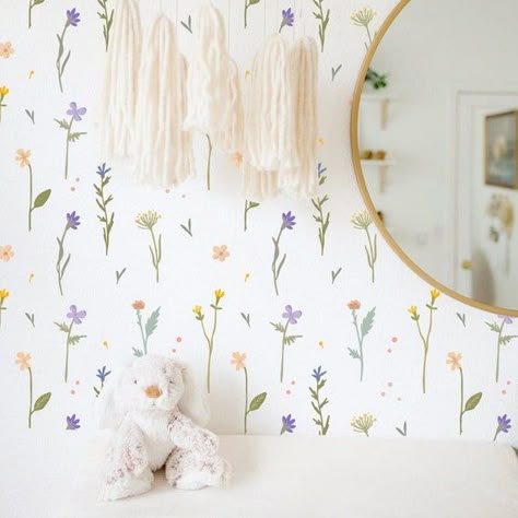 Kid's room with circular mirror, teddy bear, and dresser against wall decorated with delicate flower decals. Wild Flower Nursery, Wild Leaves, Flowers Decal, Birds Stickers, Geometric Decals, Cottagecore Bedroom, Floral Wall Decals, Sweet Flowers, Flower Wall Decals