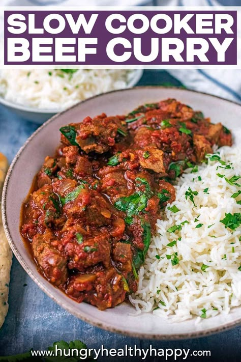 This Slow Cooker Beef Curry is an easy and comforting meal with a kick of spice. Slow cooked chunks of tender beef in a rich and spicy sauce served over a bed of rice. Spicy Beef Curry, Slow Cooked Beef Curry, Slow Cooker Beef Curry Recipes, Chuck Steak Recipes Crockpot Slow Cooker, Beef Curry Slow Cooker, Slow Cooker Beef Casserole, Slow Cooker Curry Recipes, Slow Cooker Beef Curry, Crockpot Recipes Ground Beef