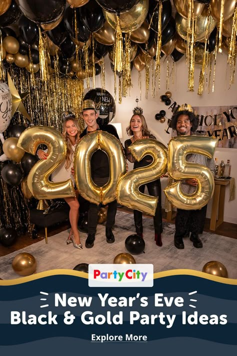 Don’t have a theme for your New Year’s celebration yet? Ring in the New Year with a stunning black and gold New Year’s eve party! Party City has got everything you need to bring all your New Year’s Eve party ideas to life. Make your New Year’s Eve unforgettable and shop all your party essentials at PartyCity.com! 🪩✨ Happy New Year Balloons, Nye Balloons, New Year Balloons, New Years Celebration, Unique Party Ideas, Party Ideas For Adults, Roaring 20, Balloon Shop, Ring In The New Year