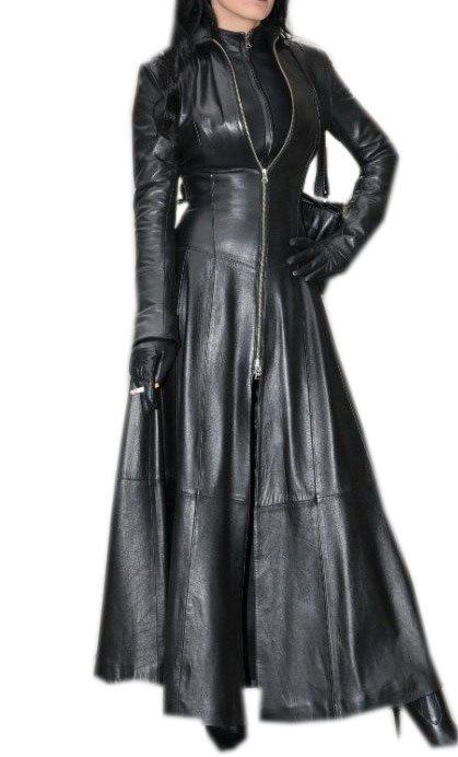 7949e456002b28988d38185bd30e77fddesc39722906ri Leather Dress Outfit, Gothic Coat, Leather Coat Womens, Gown Suit, Long Leather Coat, Leather Coats, Long Winter Coats, Leather Outfits, Leather Trench Coat