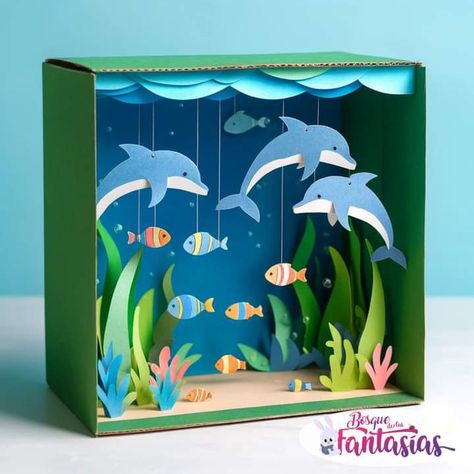 Ocean Habitat Project For Kids Shoebox, Ocean Box Project, Dolphin Diarama Ideas Kids, Ocean Shoe Box Project, Dolphin Diorama, Ocean Projects For Kids, Easy Kids Art Projects, Ocean Diorama, Diorama Kids