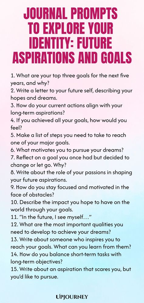 Dive into self-discovery with these thought-provoking journal prompts focusing on your identity, future aspirations, and goals. Explore different facets of yourself and gain clarity on where you want to go. Reflect, dream, and set meaningful intentions as you embark on this introspective journey. Journaling can be a powerful tool for personal growth and self-awareness. Start uncovering your deep desires, motivations, and ambitions today through these insightful prompts. Self Identity Journal Prompts, Self Growth Journal Prompts, Identity Journal Prompts, Therapeutic Journaling, Self Awareness Questions, Future Self Journaling, Self Journaling, 100 Journal Prompts, Future Aspirations