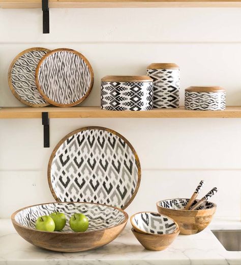 IKAT GREY ENAMELED MANGO WOOD SERVING COLLECTION | VivaTerra Stainless Steel Side Table, Acacia Wood Bowl, Mango Wood Bowls, Wood Serving Bowl, Wood Plates, Salad Serving Set, Wood Serving Tray, Wooden Lanterns, Iron Hardware