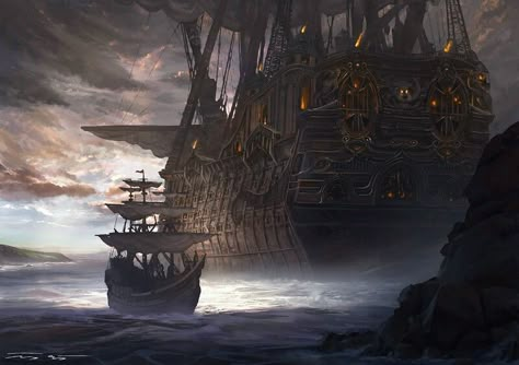 Mtg Fanart, Fantasy Ships, Pirate Ship Art, Navi A Vela, Pirate Stuff, Old Sailing Ships, Pirate Art, Pirate Ships, Fantasy Castle