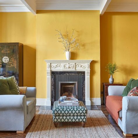 Coastal Mantle, Yellow Living Room Ideas, Yellow Walls Living Room, Copper Living Room, Georgian Windows, Yellow Dining Room, Room Revamp, Yellow Paint Colors, Country Modern Home