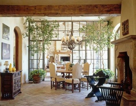 sunroom design ideas #Indoorplantsdecor Mediterranean Dining, Mediterranean Dining Room, Conservatory Design, Sunroom Designs, Tuscan Design, Indoor Trees, Mediterranean Home Decor, Mediterranean Design, Tuscan Decorating