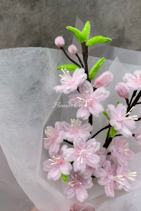 pink cherry blossom bouquet Cherry Blossom Flower Bouquet, Cherry Blossom Gift Ideas, Diy Sakura Flower, Cherry Blossom Pipe Cleaner, Pipe Cleaner Cherry Blossom, Pipecleaners Flowers Bouquet, Sakura Blossom Crochet, Cherry Blossom Felt Flowers, Cherry Blossom Bouquet