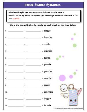 Worksheet | Final Stable Syllables | Final stable syllables have a consonant followed by an le pattern. Write the two syllables that make up each word on the lines. Consonant Le Worksheets, Consonant Le Activities, Final Stable Syllable, First Grade Comprehension, Phonics Grade 1, Worksheet 3rd Grade, Consonant Le, Le Words, 2nd Grade Literacy