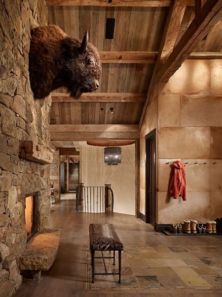 Reclaimed lumber, gorgeous big rock stacked fireplace, and the buffalo head mount, by Montana Reclaimed Lumber Co. Bison Head, Rustic Entry, Yellowstone Club, Taxidermy Decor, Trophy Rooms, Lodge Cabin, Mountain Living, Home On The Range, Cabin Fever