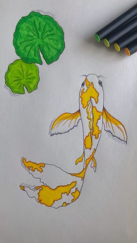 Coy Fish Drawing Easy, Easy Coi Fish Drawing, Koi Fish Sketch Easy, Koi Fish Marker Drawing, Koi Fish Pencil Drawing, Koy Fish Drawings Easy, Orange Fish Drawing, Easy Koi Fish Drawing, Kio Fish Drawing