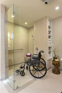 accessible, barrier free, aging-in-place, universal design bathroom remodel modern   The shower is open so that people with mobility aids can come in without any trouble. Handicapped Bathroom, Universal Design Bathroom, Accessible Bathrooms, Accessible House, Accessible Bathroom Design, Ada Bathroom, Accessible Home, Age In Place, Mold In Bathroom