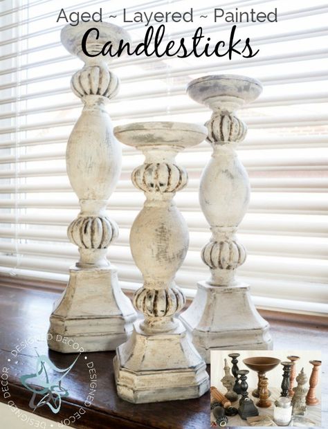 This is an easy diy-aged-layered-painted-candlesticks tutorial - www.designeddecor.com Painted Candlesticks, Diy Rustic Home, How To Paint Furniture, Fashion Tumblr, Diy Candle, Candle Sticks, Diy Farmhouse Decor, Diy Home Decor On A Budget, Trash To Treasure