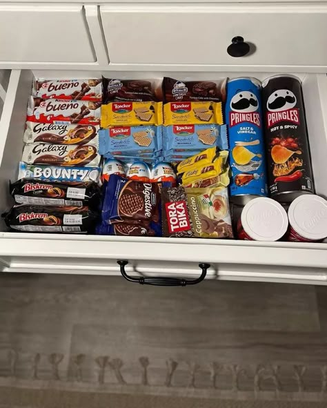 Snack Drawer In Bedroom, Snacks Drawer, Candy Drawer, Snack Drawer, College Snacks, Secret Drawer, Snack Station, Dorm Food, Snack Organizer