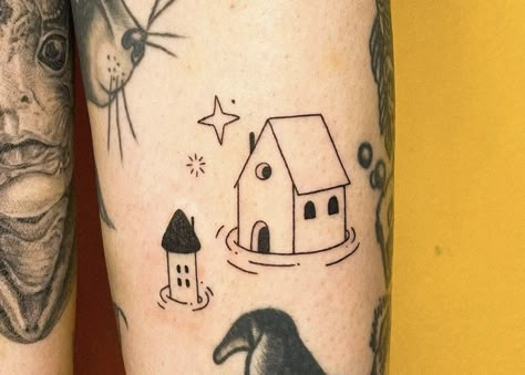 Homebody Tattoo, House Tattoo Simple, Little House Tattoo, Stain Glass Tattoo, Small House Tattoo, Dresses And Tattoos, House Tattoos, Tattoo Typography, Window Tattoo