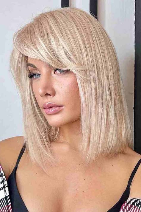 Straight Lob with Layered Bangs for Women with Square Faces Side Part Bangs Medium Length Hair, Square Haircut With Bangs, Layered Lob With Side Bangs, Medium Length Hair With Layers And Side Bangs Round Face, One Side Bangs, Shoulder Length Hair With Side Bangs, Side Bangs Short Hair, Lob With Side Bangs, Square Haircut