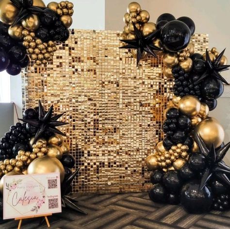 Soul Train Balloon Garland, Black Gold And White Bridal Shower Ideas, Black And Gold Wedding Decorations Ideas, Gold Shimmer Wall With Balloons, Black And Gold Disco Party, Black And Gold Balloon Garland Backdrop, Gatsby Balloon Decor, Black And Gold Balloon Backdrop, Black And Gold Balloon Decorations