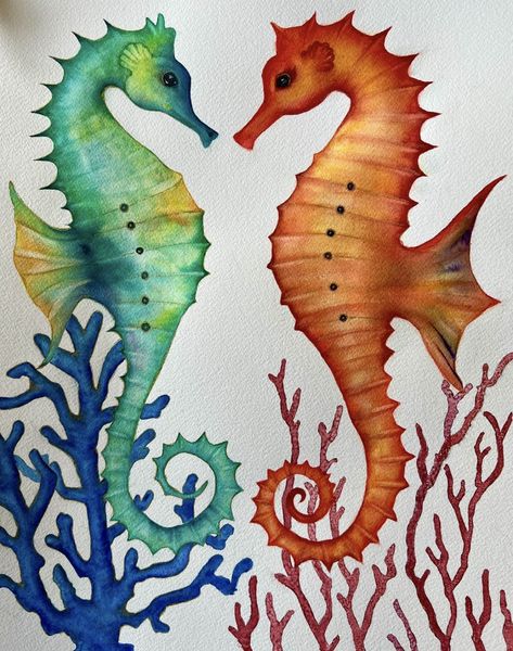 Sea Horse Painting Easy, Sea Horse Painting, Sea Horse Art, Watercolor Seahorse, Seahorse Drawing, Seahorse Painting, Seahorse Art, Fingerprint Art, Sewing Measurements