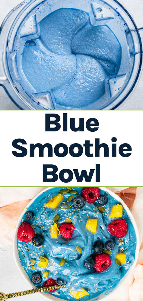 A vegan blue smoothie bowl in both a blender and a bowl. Blue Acai Bowl Recipe, Berries Healthy Recipes, Blue Smoothie Bowl Recipe, Blue Bowl Recipes, Blue Majik Smoothie Bowl, How To Make Acai Bowl, How To Make An Acai Bowl At Home, Smothies Bowls Recipe, Smoothie Bowls Aesthetic