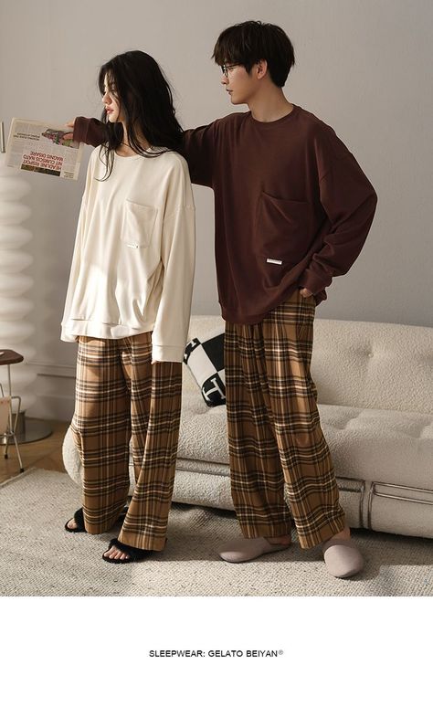 Korean Couple Fashion Outfits, Cute Couple Outfits Korean, Couple Pajamas Aesthetic, Matching Couple Outfits Korean, Pajama Outfit Ideas, Couple Pijama, Couple Outfits Korean, Pajama Couple, Pajamas Aesthetic