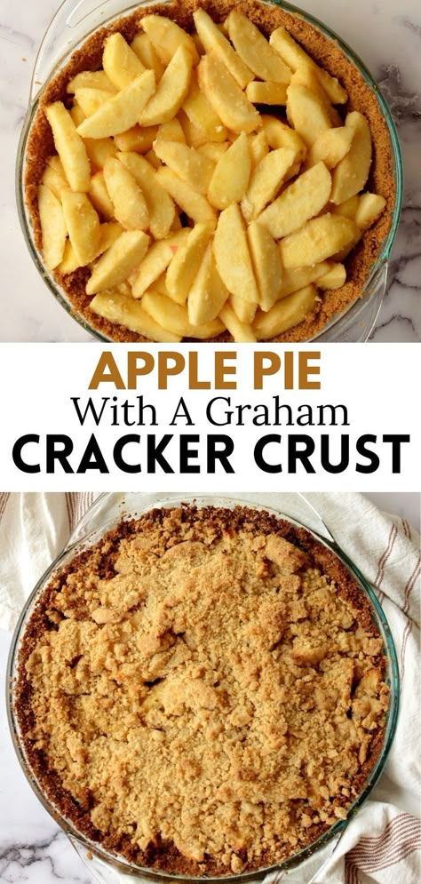 an apple pie with a crumb topping Apple Pie Recipe Easy Premade Crust, Apple Tart With Graham Cracker Crust, Apple And Graham Cracker Recipe, Dessert With Cherry Pie Filling Graham Crackers, Different Pie Crusts, Apple Pie With Crumb Topping Easy, Thanksgiving Pie With Graham Cracker Crust, Easy Apple Pie Graham Cracker Crust, Apple Crisp Graham Cracker Crust