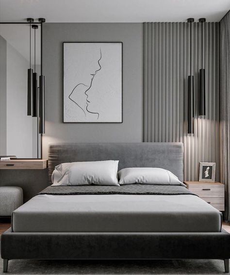 Men’s Bedroom Ideas Gray, Grey Hotel Bedroom, Modern Grey Bedroom, Modern Minimalist Bedroom, Modern Luxury Bedroom, Modern Bedroom Interior, Luxury Bedroom Master, Bedroom Bed Design, Bedroom Furniture Design